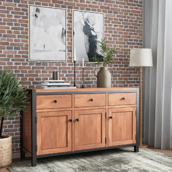 Industrial Solid Acacia Wood 3 Door 3 Drawer Large Sideboard with Metal Frame