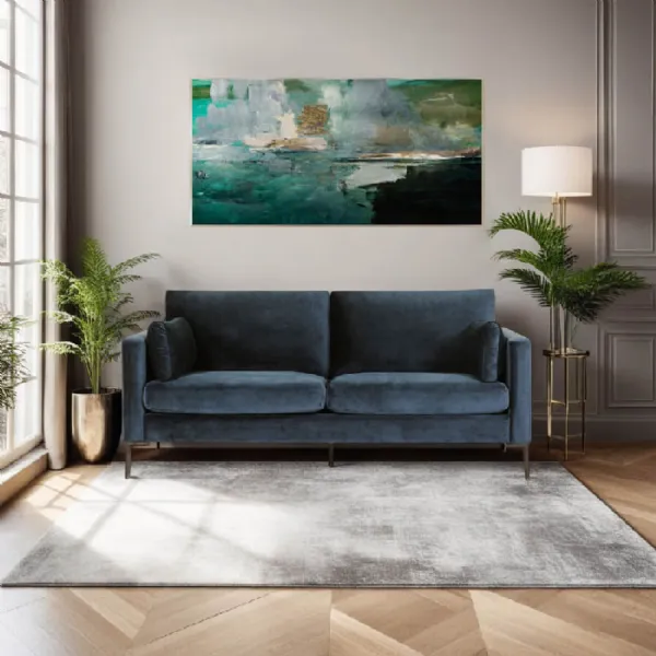 Navy Blue Woven Fabric 3 Seater Sofa Metal Legs