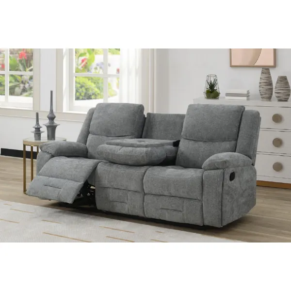 Grey Fabric 3 Seater Manual Recliner Sofa with Cup Holder