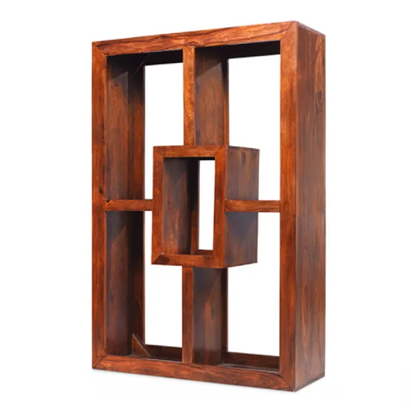 Solid Sheesham Wood Geometric Display Unit with Open Frame Design