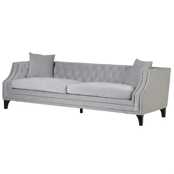 Modern Pale Grey Button Back 3 Seater Sofa With Studding Detail