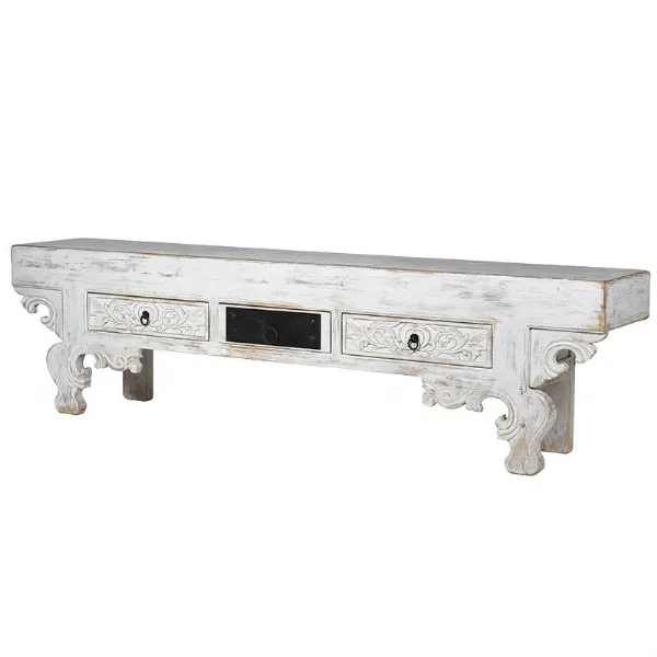 Chinese Zing Style Painted Long Carved Scrolled Ornate Console Table
