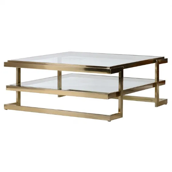 Gold Plated Metal Framed Coffee Table With Glass Top and Shelf
