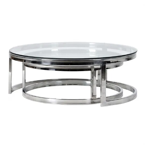 Set of 2 Steel Framed Round Coffee Tables With Glass Top