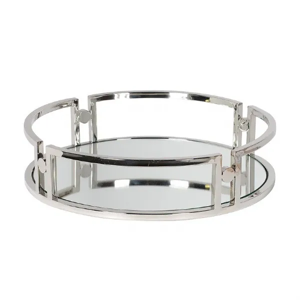 Round Silver Serving Tray With Mirror Base