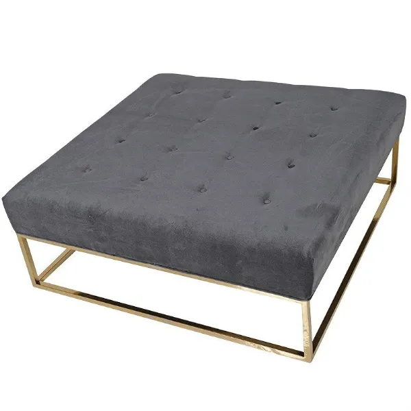 Gold Frame Grey Velvet Upholstered Studded Coffee Table 100cm Square