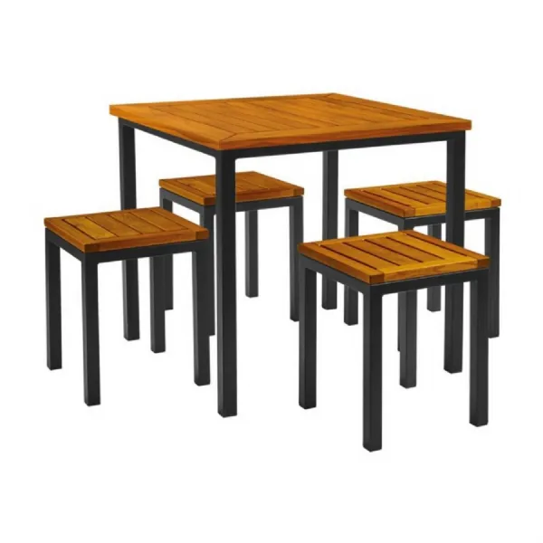 Outdoor Iron and Wood 80cm Dining Table and 4 Low Stools