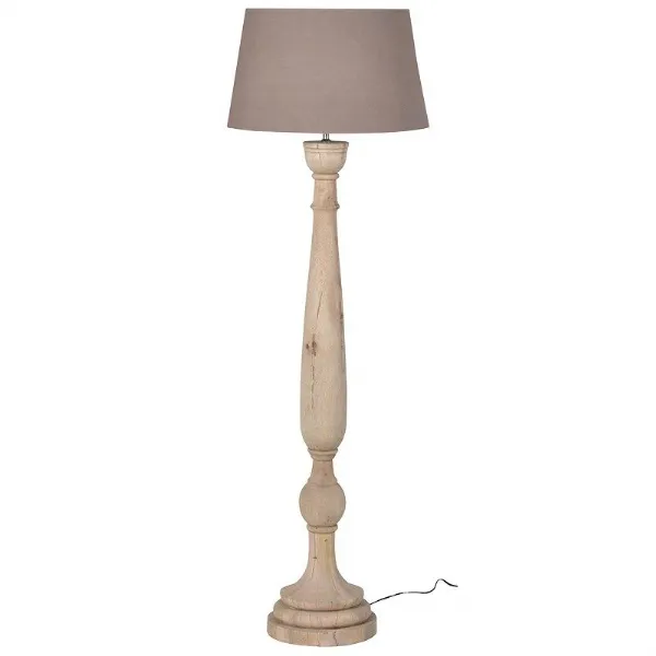 Traditional Carved Tall Wooden Floor Lamp With Neutral Linen Shade