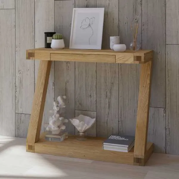 Modern Z Shape Oak Slim Console Hall Table 1 Single Drawer Open Base Shelf