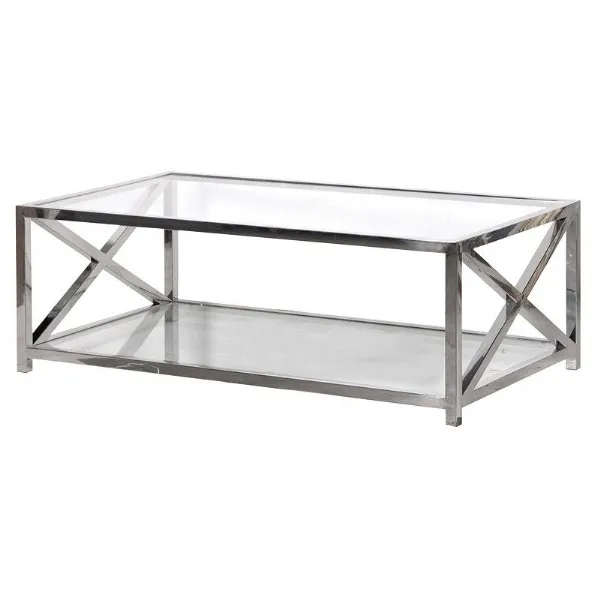 Large Glass Stainless Steel Coffee Table Modern Rectangular X Frame