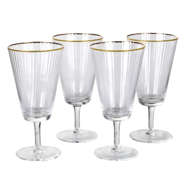 Set of 4 Gold Rim Ribbed Red Wine Glasses