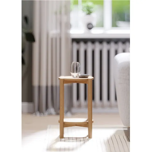 Scandi Style Natural Solid Oak Round Side Table with Cane Shelf