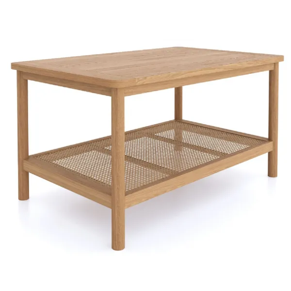 Nordic Style Solid Oak Rectangular Coffee Table with Lower Cane Shelf
