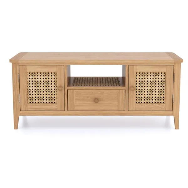 Modern Solid Oak Wide 2 Door TV Cabinet with Cane Panels and Central Drawer