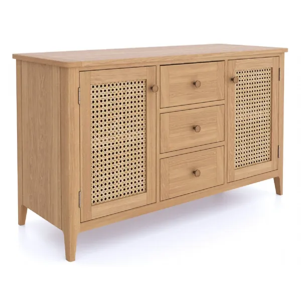 Large Natural Oak and Cane 2 Door 3 Drawer Sideboard with Tapered Legs