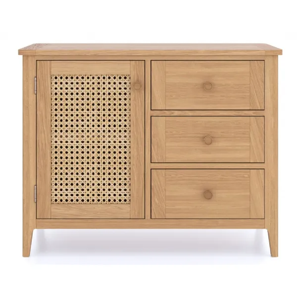 Modern Style Natural Oak 3 Drawer Medium Sideboard with Cane Panel Door