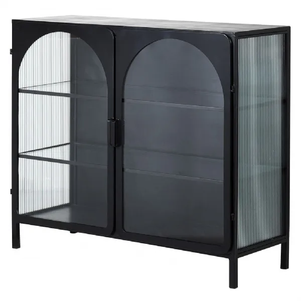 Wide Blk Metal Gls Cabinet