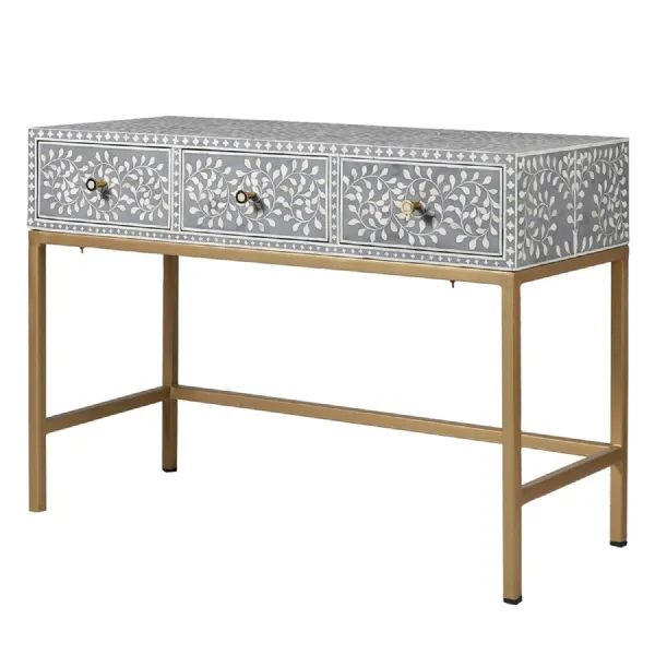 Grey and Gold Bone Inlay 3 Drawer Console Table