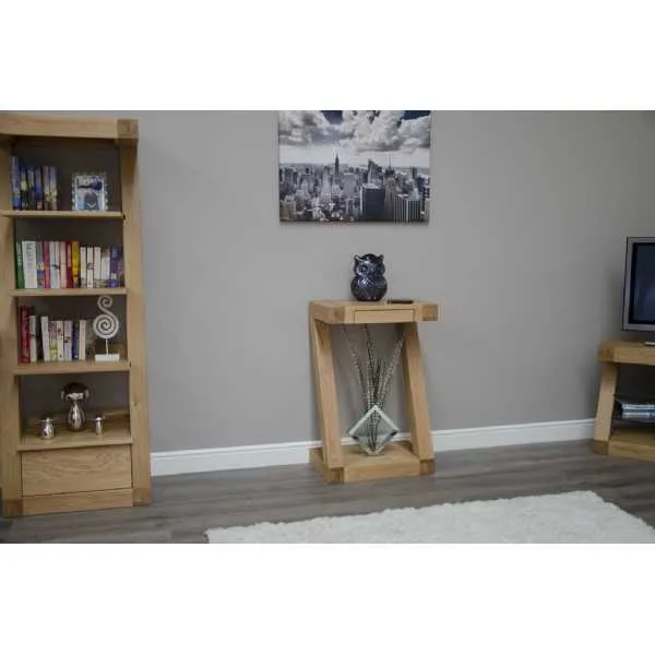 Modern Z Shape Oak Small Narrow Console Hall Table 1 Drawer Open Base