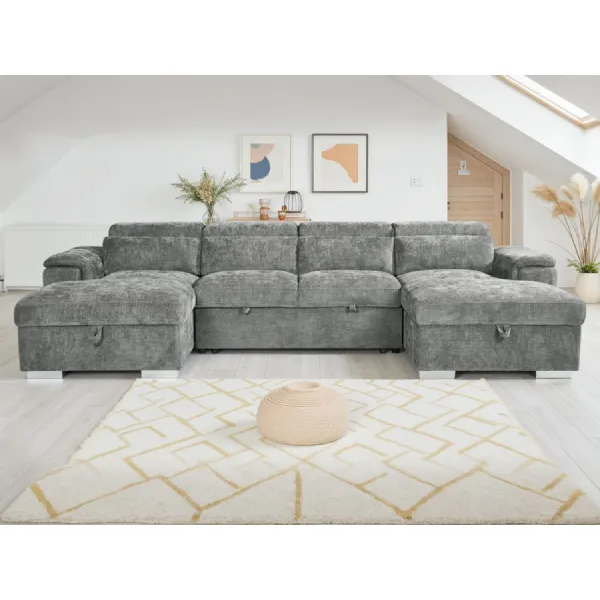 Grey Fabric Large U Shape Corner Sofa Bed