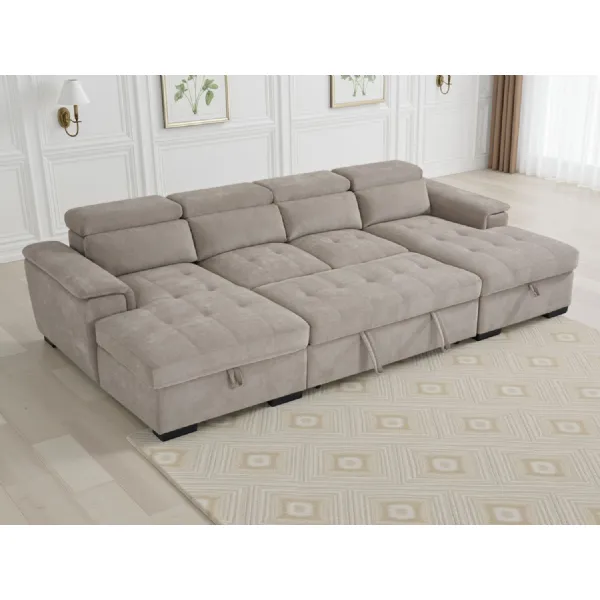 Beige Fabric U Shaped Standard Back Sofa Bed with Storage