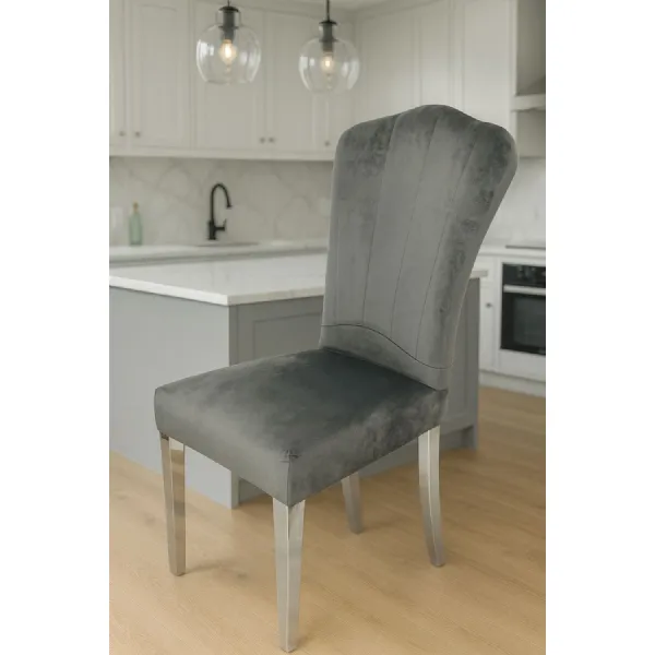 Luxury Dark Grey Velvet Dining Chair with Chrome Metal Legs