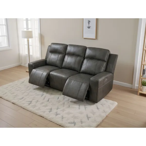 Grey Leather 3 Seater Electric Recliner Sofa with Drop Tray