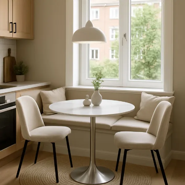 Modern Small Round White Ceramic Dining Table with Chrome Base