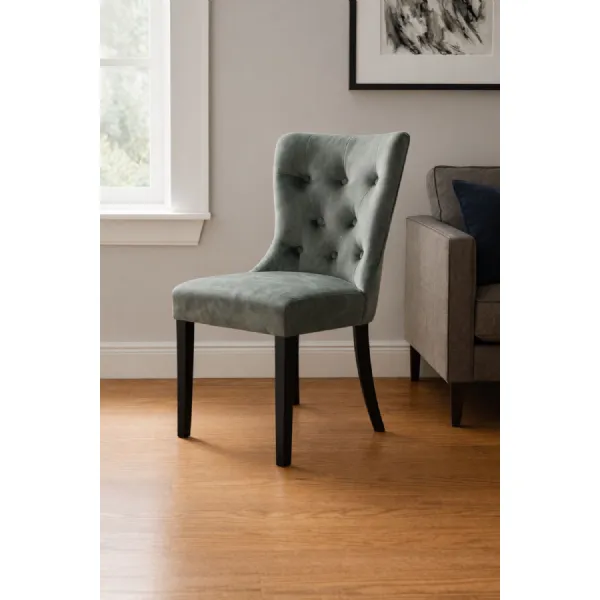 Modern Dark Grey Velvet Upholstered Dining Chair with Black Legs