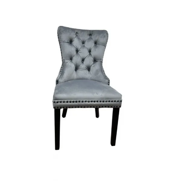 Traditional Dark Grey Velvet Button Tufted Dining Chair with Black Legs