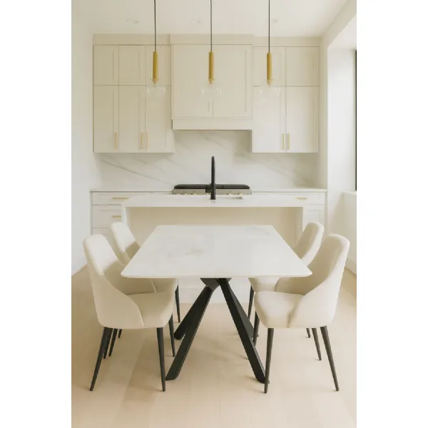 Luxury White Marble Effect Ceramic 180cm Dining Table with Black Cross Pedestal Base