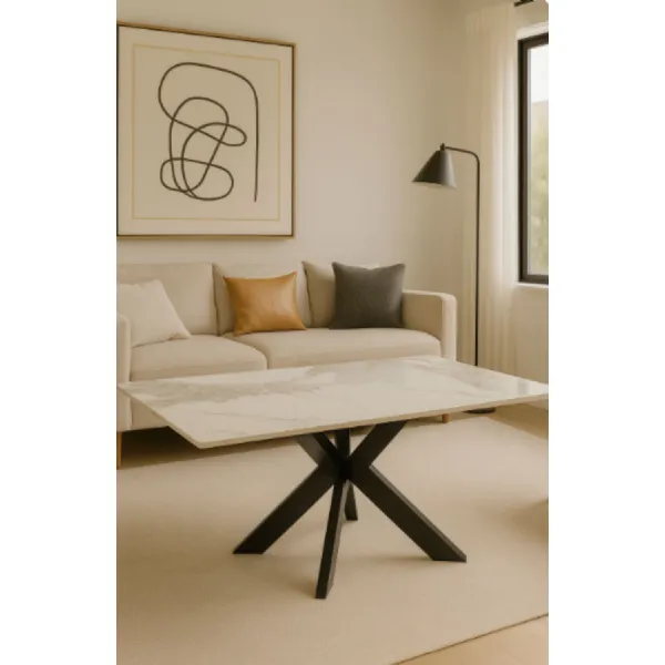 Modern Grey Ceramic Coffee Table with Black Cross Pedestal Base