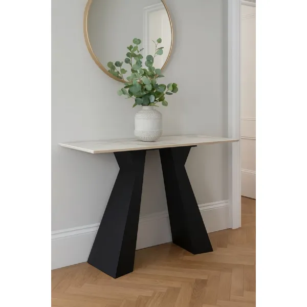Modern Grey Ceramic Console Table with Black Architectural Pedestal Legs
