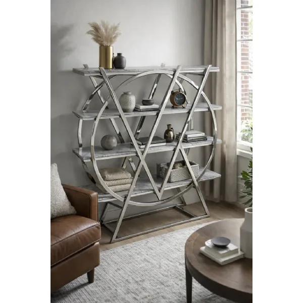 Modern Grey Marble Effect 4 Tier Display Bookshelf with Chrome Frame