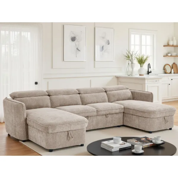 Beige Fabric Large U Shape Corner Chaise Sofa Bed