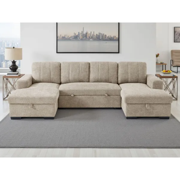 Beige Fabric Large U Shape Corner Chaise Sofa Bed