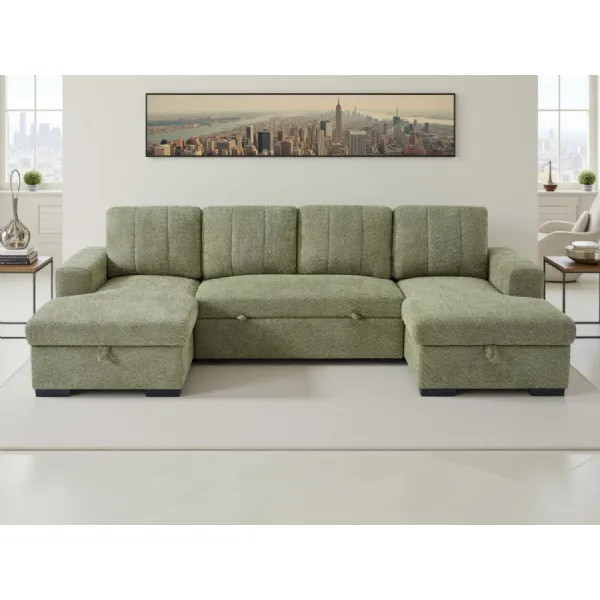 Green Fabric Large U Shape Corner Chaise Sofa Bed
