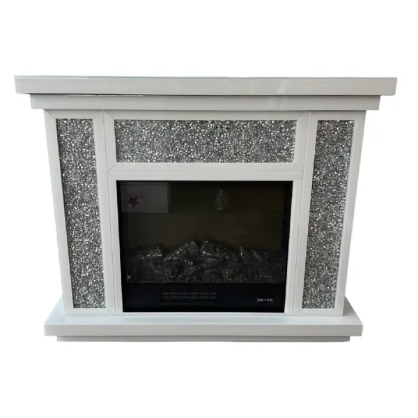 Modern White Electric Fireplace with Silver Crushed Diamond Surround