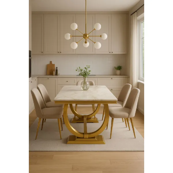 Luxury White Marble Effect 200cm Dining Table with Gold Circular Pedestal Base