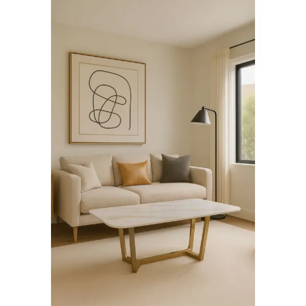 White Marble Effect Ceramic Coffee Table with Gold Angular Metal Base