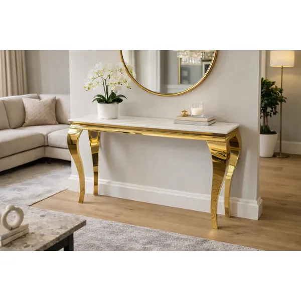 Luxury White Marble Effect 1.2m Console Table with Gold Metal Frame