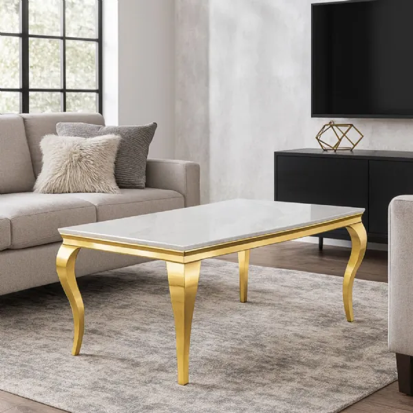 Luxury White Marble Effect Coffee Table with Gold Italian Style Frame