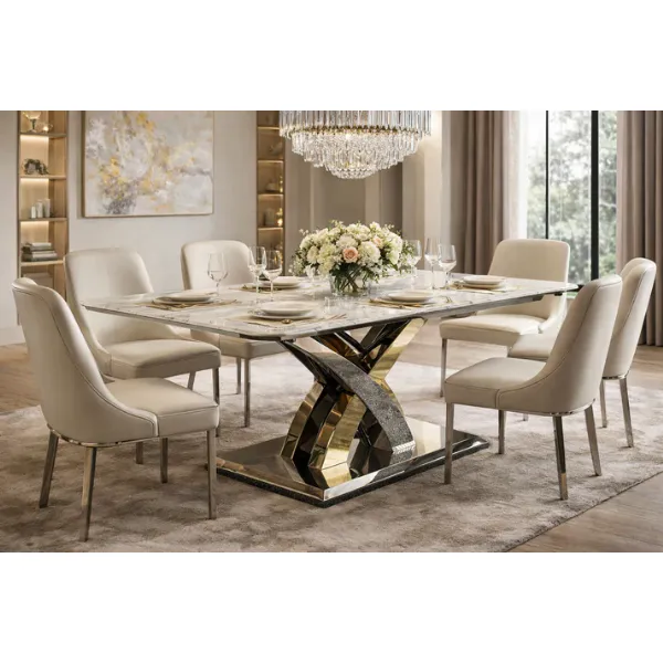 Luxury Cream Marble Effect 180cm Rectangular Dining Table with Chrome and Gold Cross Base