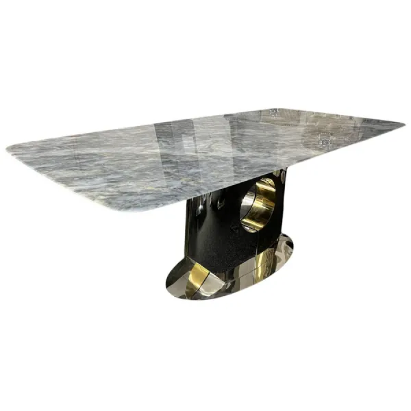 Luxury Grey Marble 2m Dining Table with Chrome and Gold Block Pedestal Base