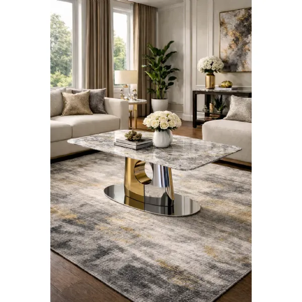 Modern Grey Marble Effect Coffee Table with Gold and Silver Metal Pedestal Base