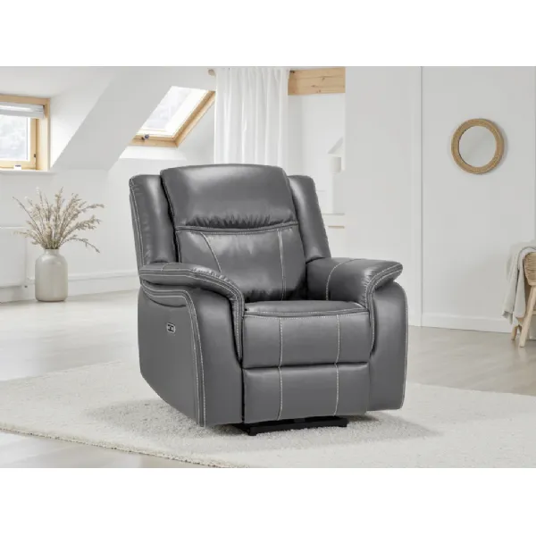 Grey Leather Electric Recliner Armchair with Armrest