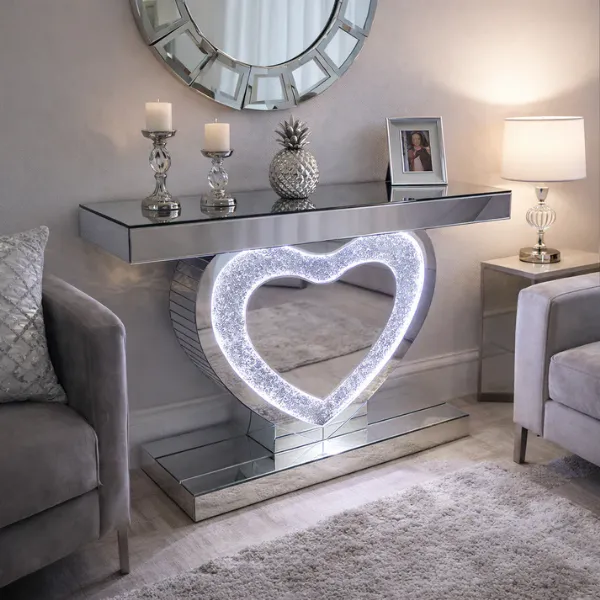 Silver Mirrored White LED Heart Console Table with Crystal Inlay
