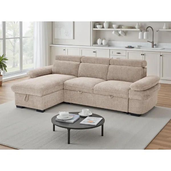 Beige Fabric Universal Corner Sofabed with Adjustable Arms
