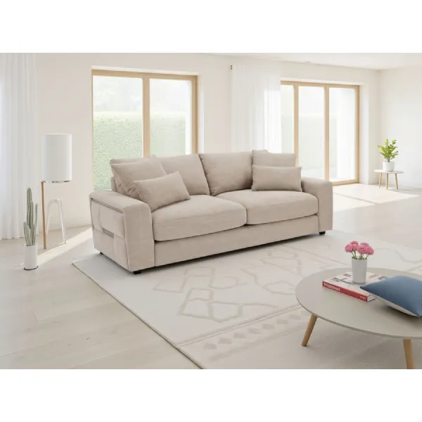 Beige Fabric Upholstered 3 Seater Pillow Back Sofa