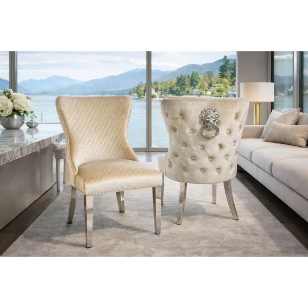 Modern Mink Velvet Upholstered Dining Chair with Lion Knocker and Chrome Legs